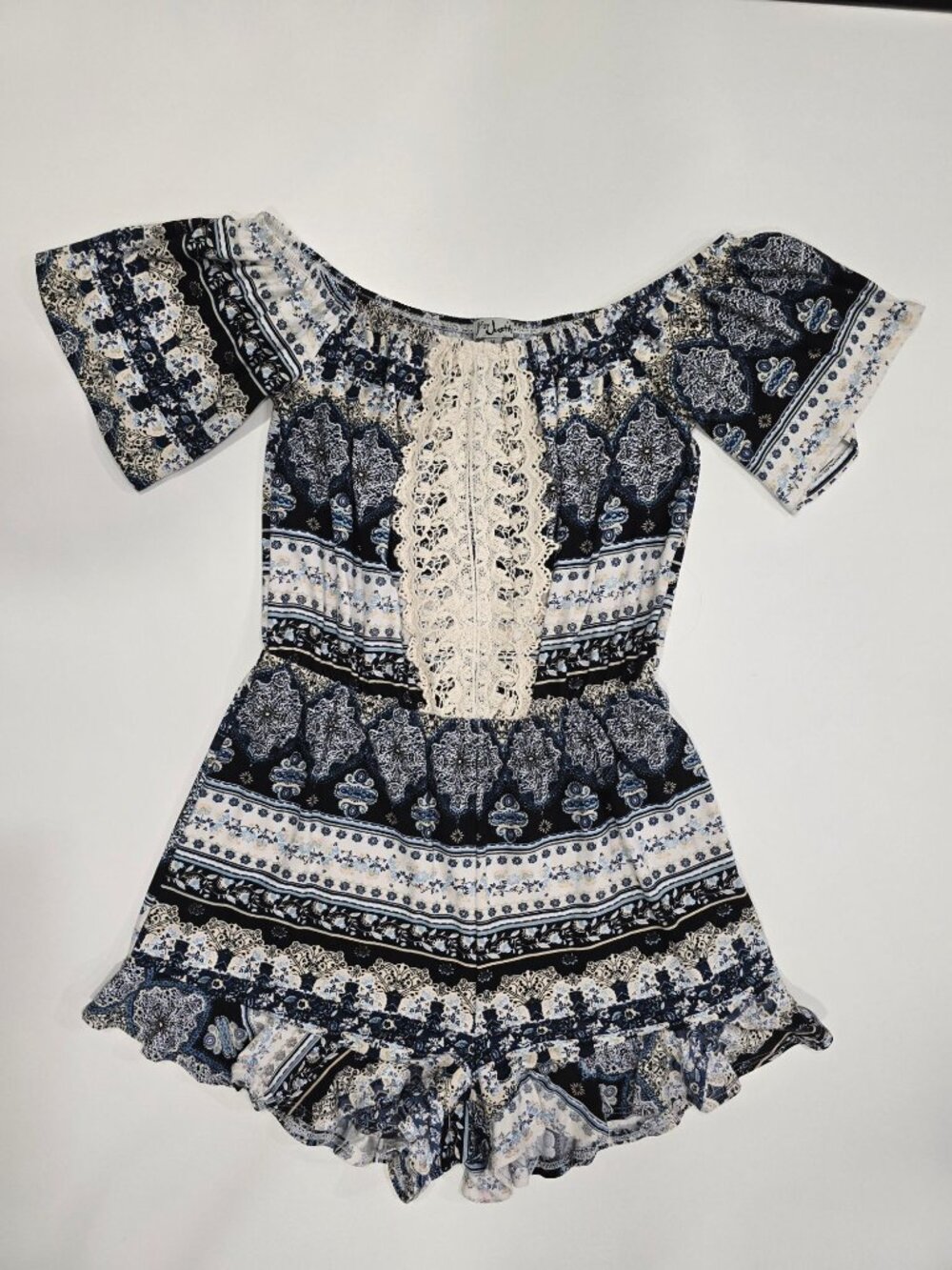 J For Justify ✦ Blue White Off‑Shoulder Boho Romper ✦ Crochet Lace Detail M - Picture 5 of 10